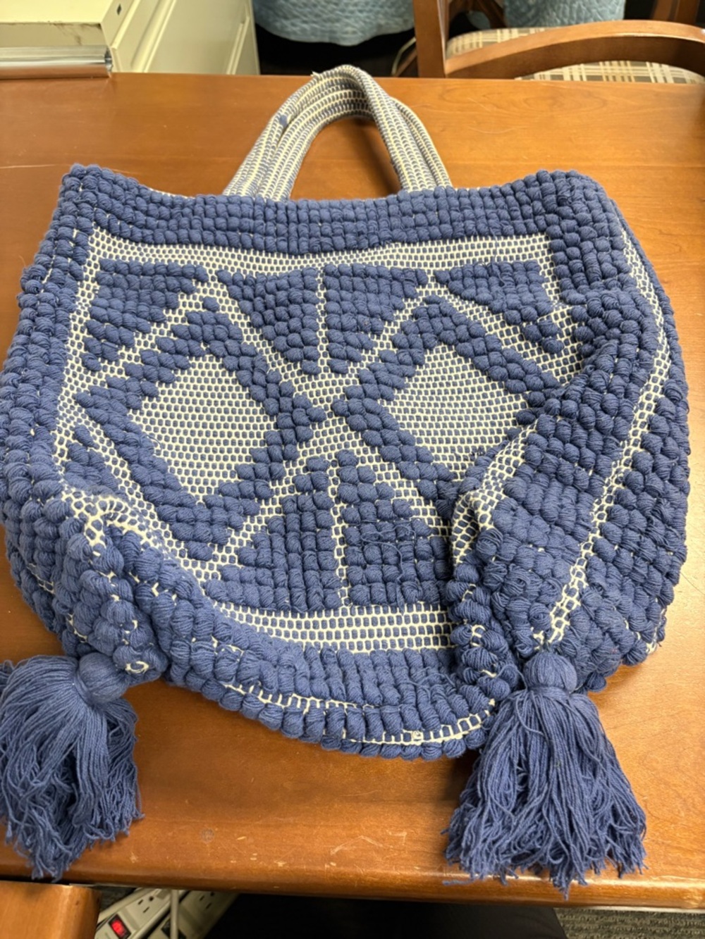 Handwoven Blue Macramé Tote with Tassel Details